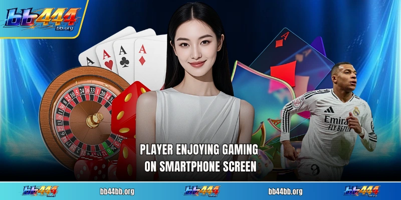 Player enjoying gaming on smartphone screen