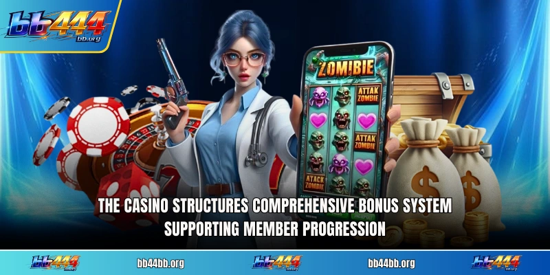 The casino structures comprehensive bonus system supporting member progression